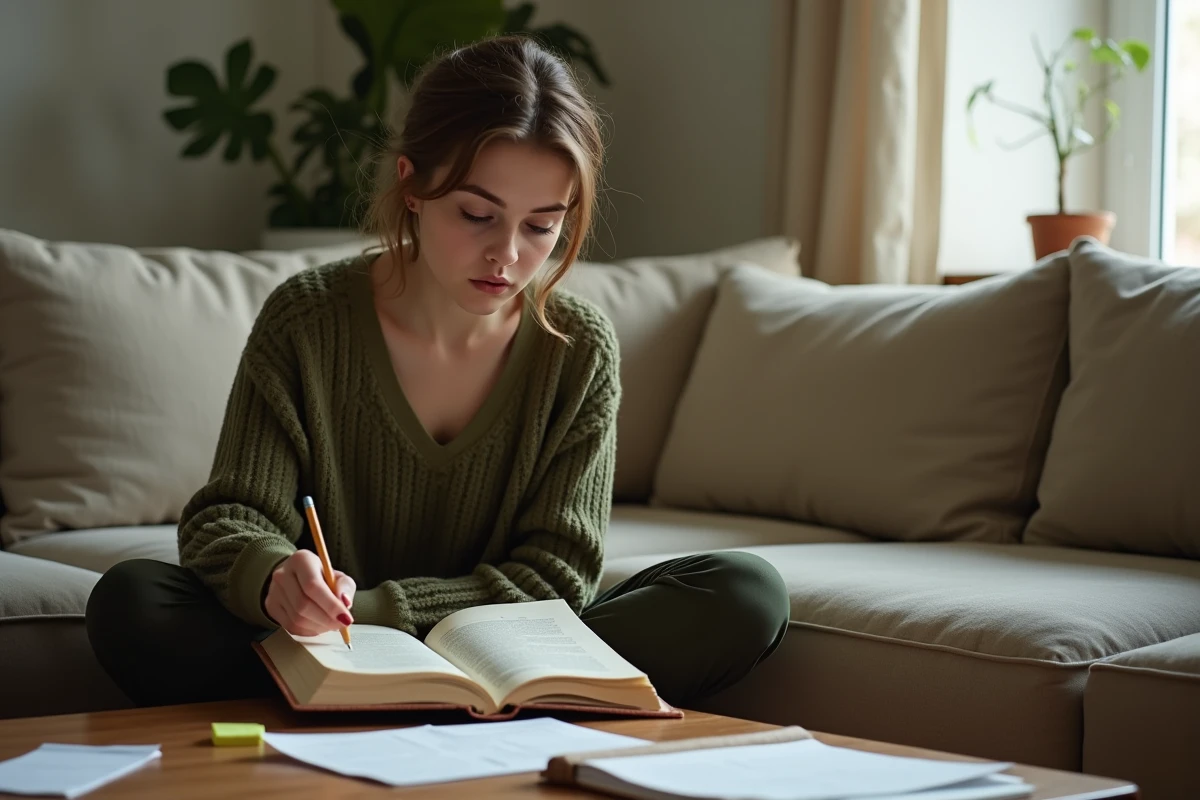 Jeune femme lisant un livre de grammaire française sur un canapé, cherchant les règles d'utilisation des majuscules