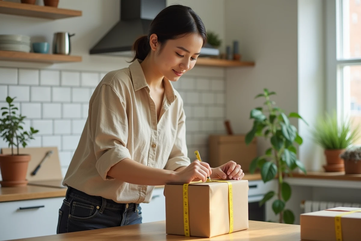 Jeune femme mesurant un colis carton avec un mètre ruban jaune sur une table en bois dans une cuisine moderne