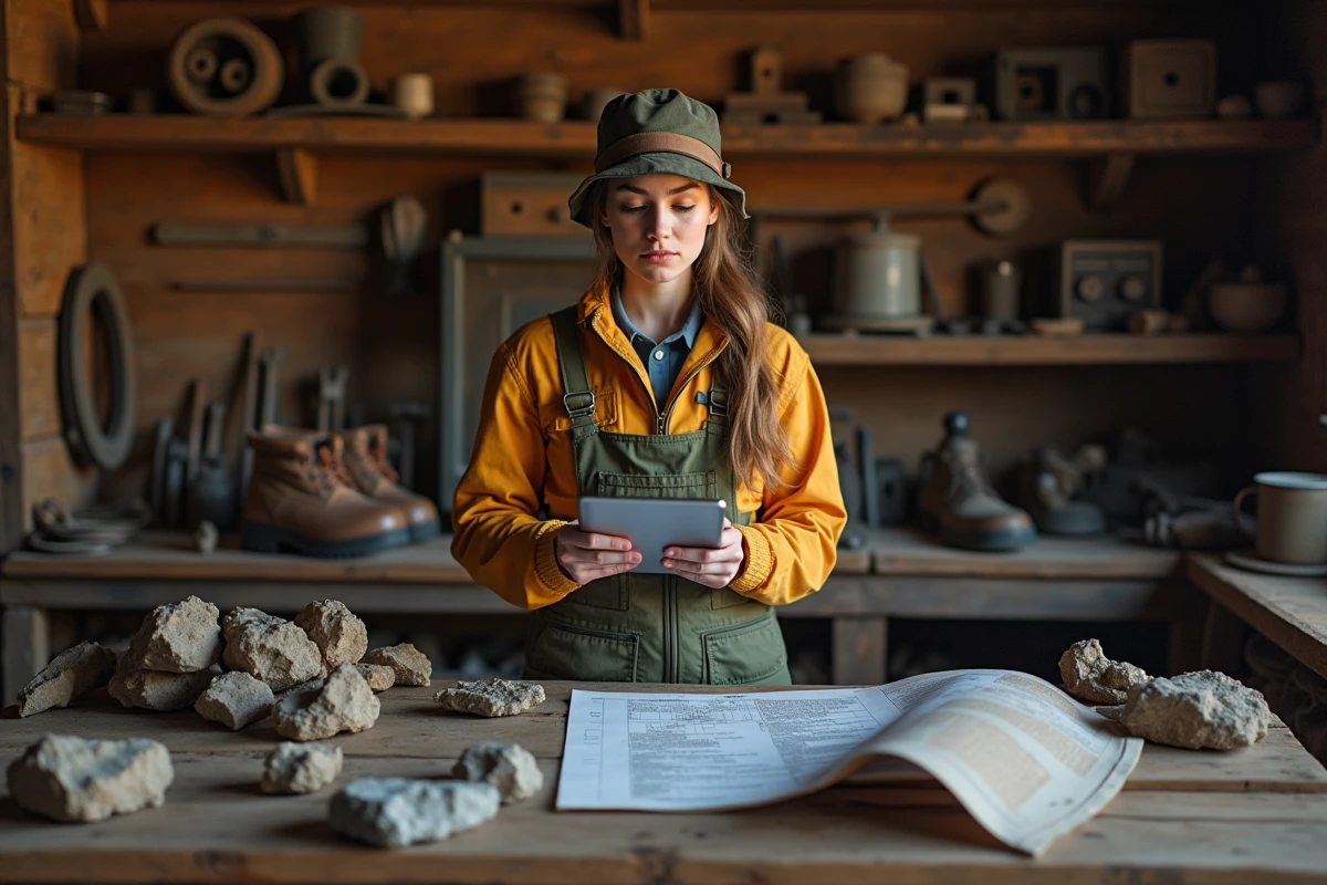 Jeune femme prospecteur analysant des cartes minières dans une cabane