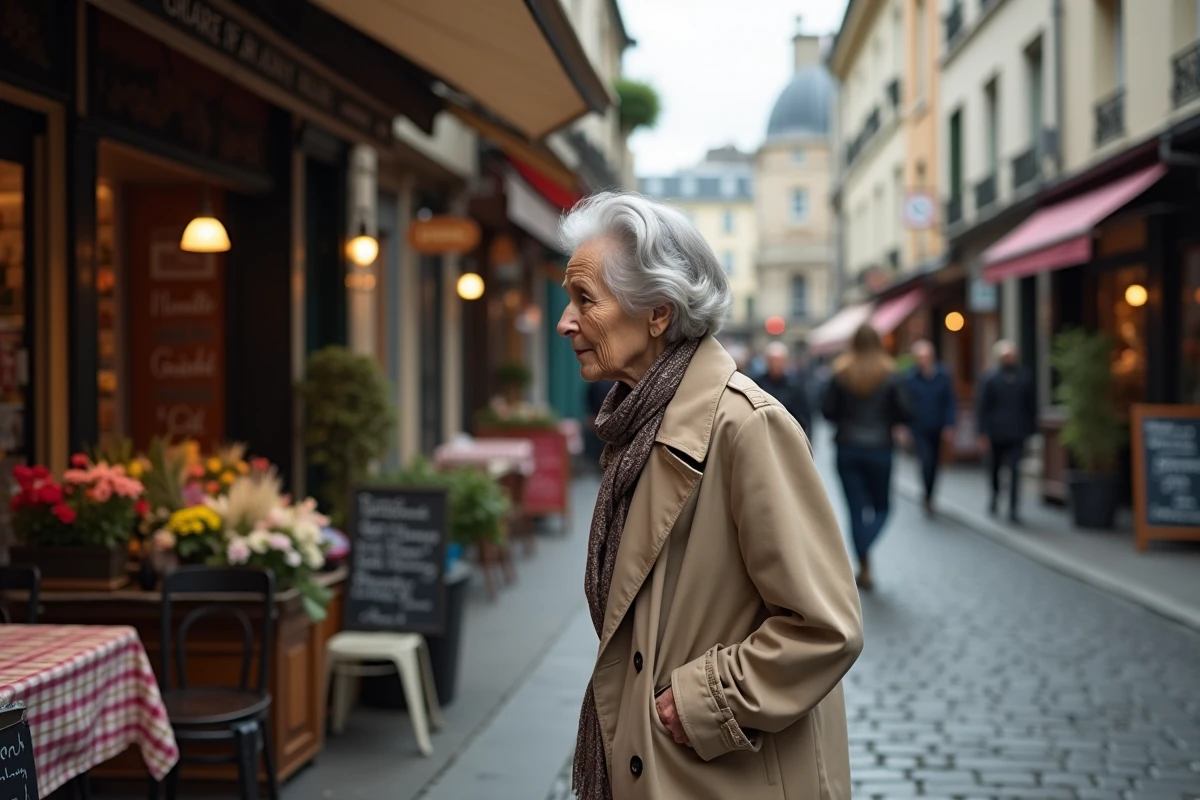 Femme âgée regardant un stand à Montmartre