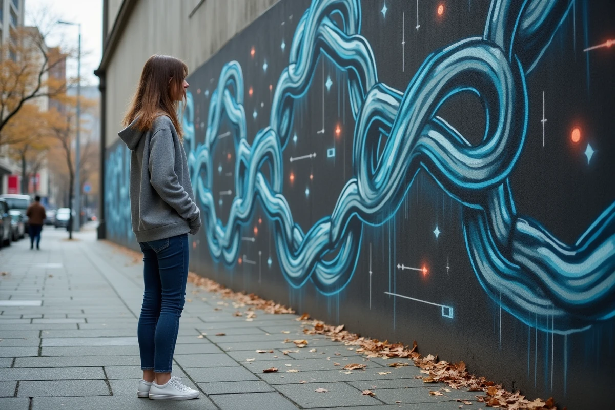 Jeune femme devant un mur de symboles numériques en ville