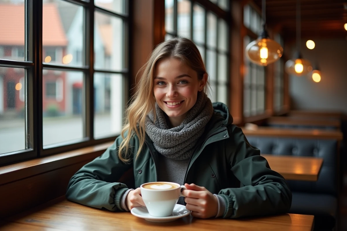 Jeune femme norvegienne souriante dans un café cosy