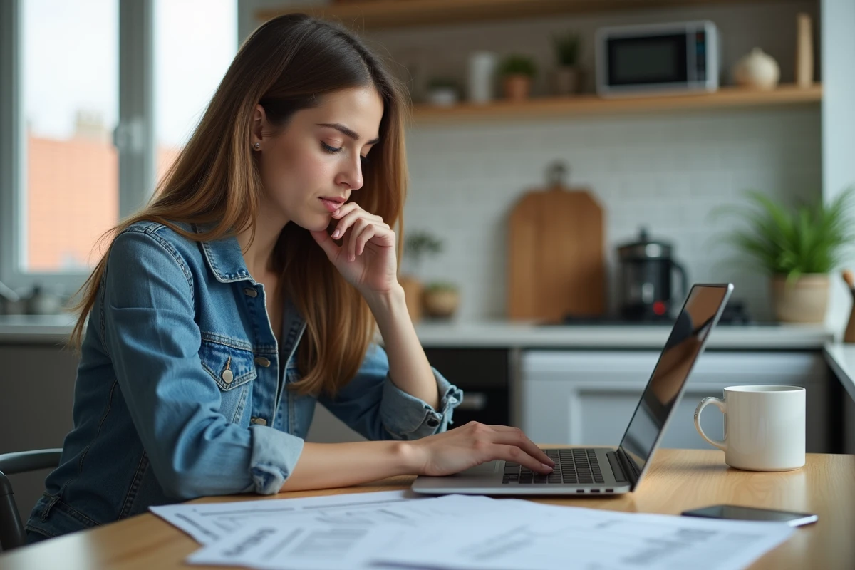 Jeune femme en cuisine avec ordinateur et formulaires
