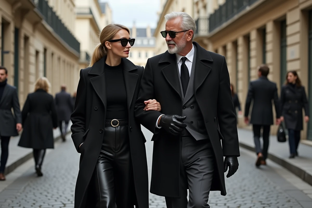 Femme parisienne en tenue vintage marche avec homme