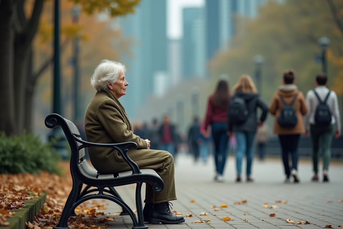 Femme âgée assise sur un banc dans un parc urbain