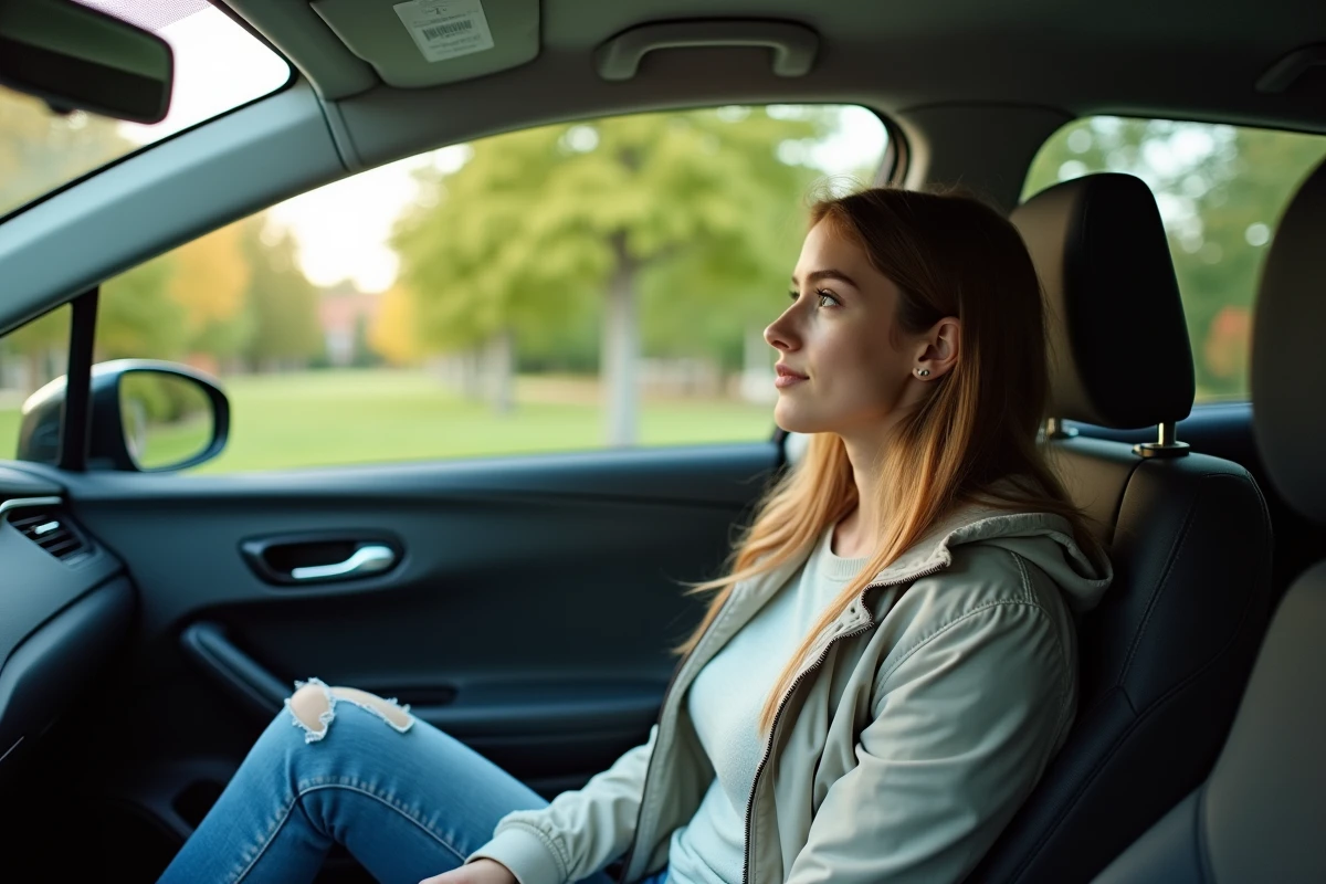 Jeune femme dans une voiture hybride regardant par la fenêtre