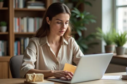 Femme cherchant un numéro de suivi sur un bordereau de livraison froissé à son bureau à domicile