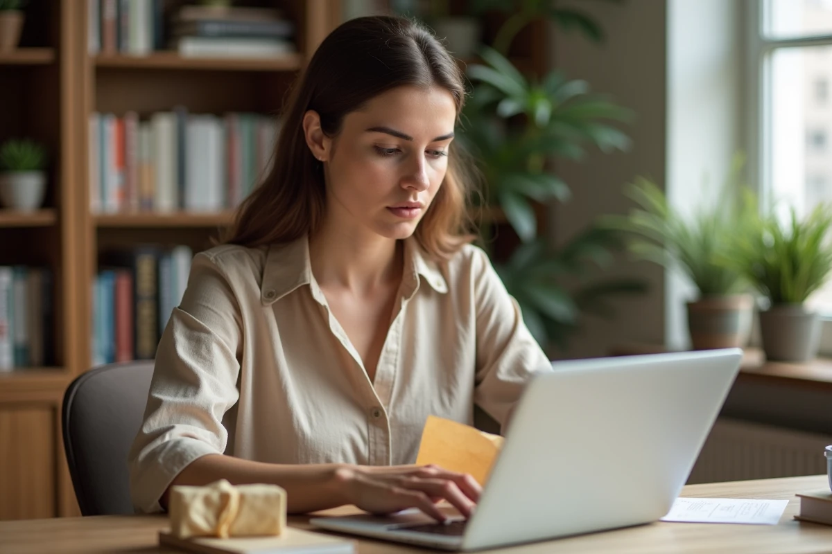 Femme cherchant un numéro de suivi sur un bordereau de livraison froissé à son bureau à domicile