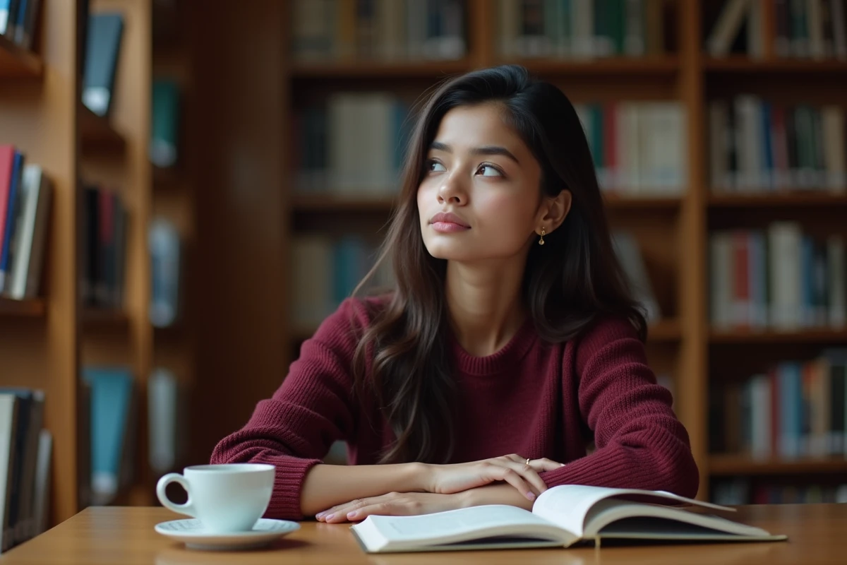 Jeune femme pensive lisant un livre sur l'humour et la théorie sociale dans une bibliothèque, symbolisant la réflexion critique sur les blagues racistes