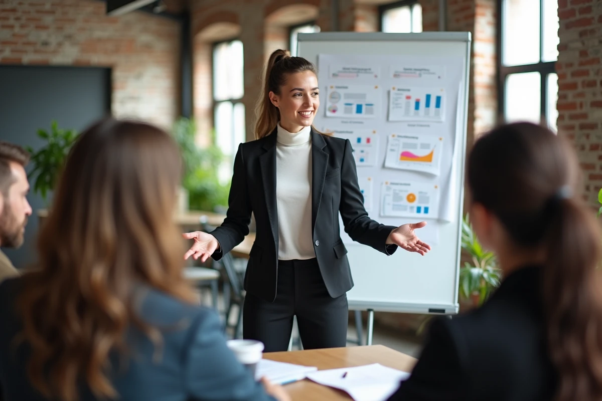 Femme en réunion expliquant stratégie marketing