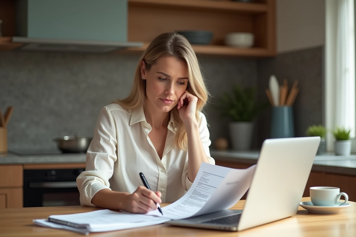 Femme attentive examine une facture de mortgage à la maison