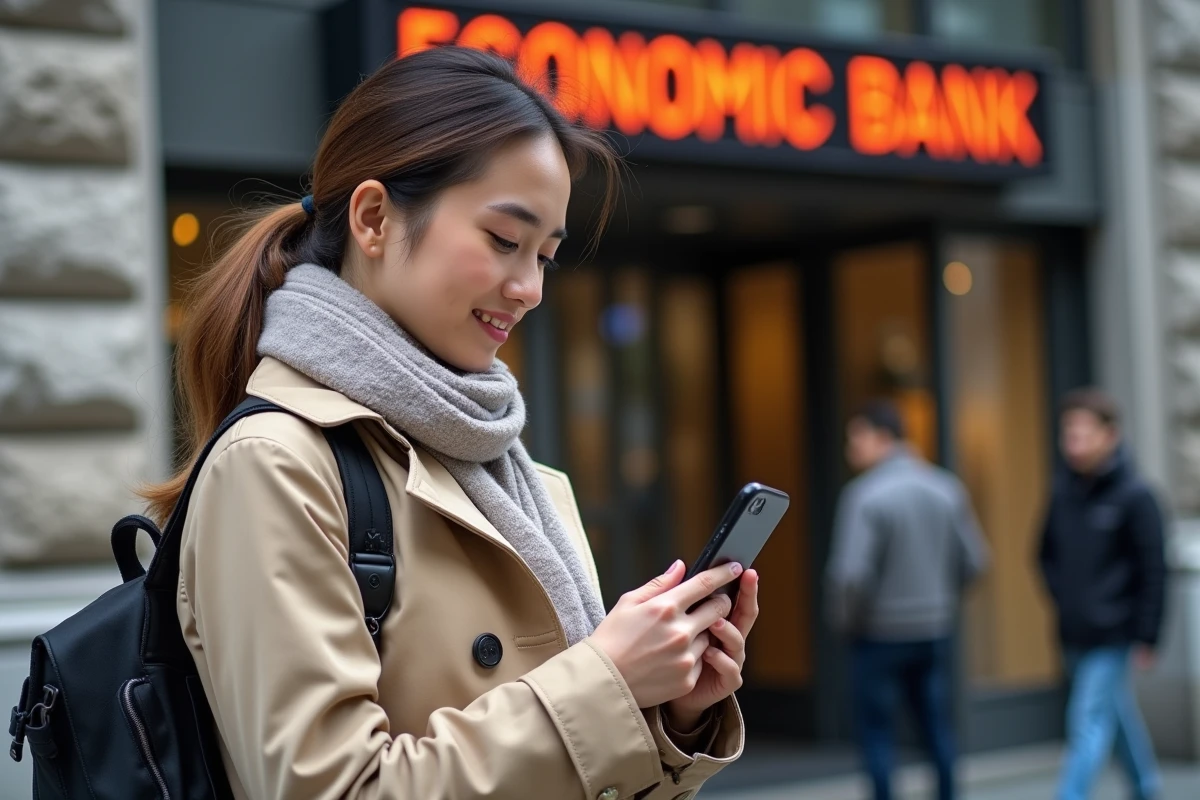 Jeune femme avec trench et smartphone devant une banque en ville