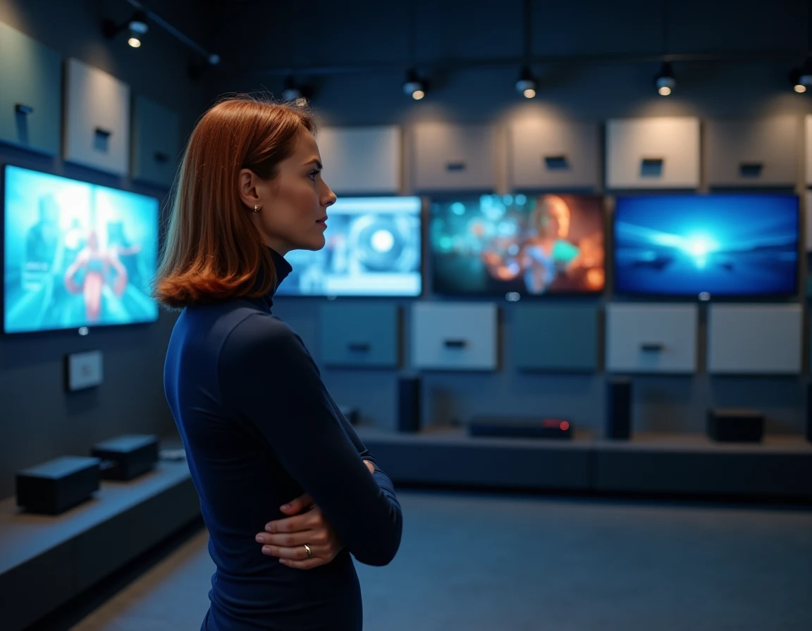Femme devant un mur d'écrans dans un showroom hi-fi et home cinéma