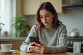 Femme méfiante lisant un message suspect sur son smartphone, potentielle arnaque sur Le Bon Coin