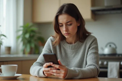 Femme méfiante lisant un message suspect sur son smartphone, potentielle arnaque sur Le Bon Coin