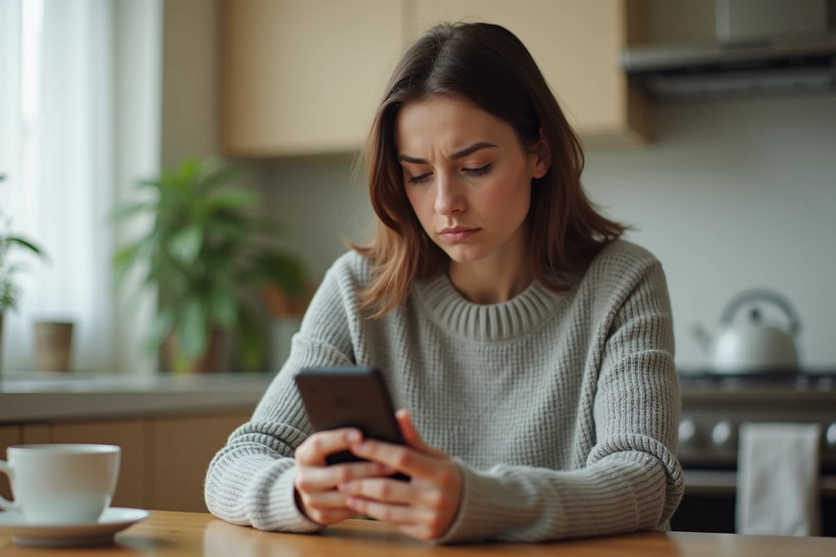 Femme méfiante lisant un message suspect sur son smartphone, potentielle arnaque sur Le Bon Coin