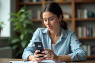 Femme consultant un numéro de téléphone avec l'indicatif +262 sur son smartphone dans un bureau à domicile