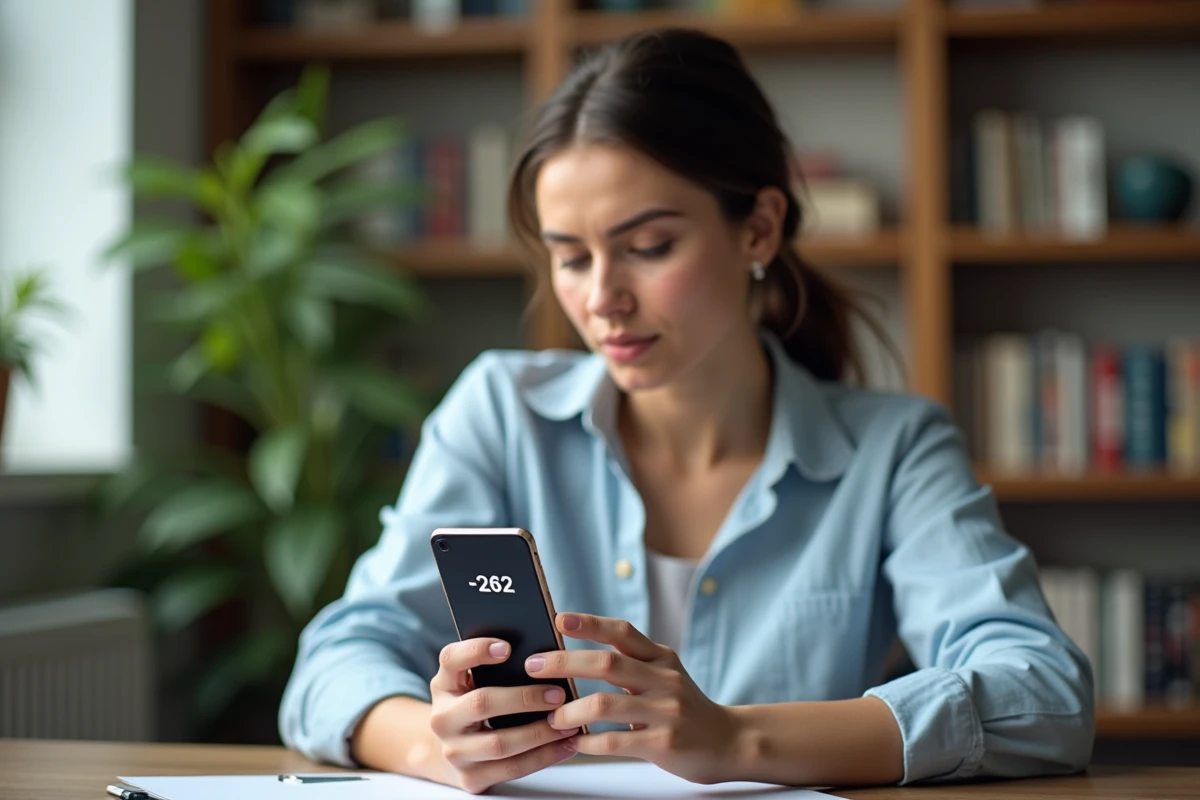 Femme consultant un numéro de téléphone avec l'indicatif +262 sur son smartphone dans un bureau à domicile