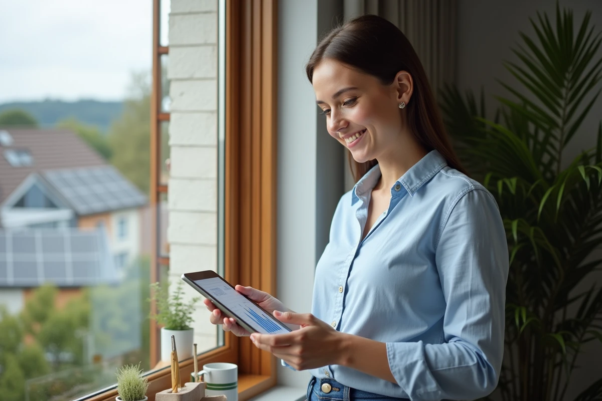 Jeune femme analyse des données solaires sur une tablette à la maison