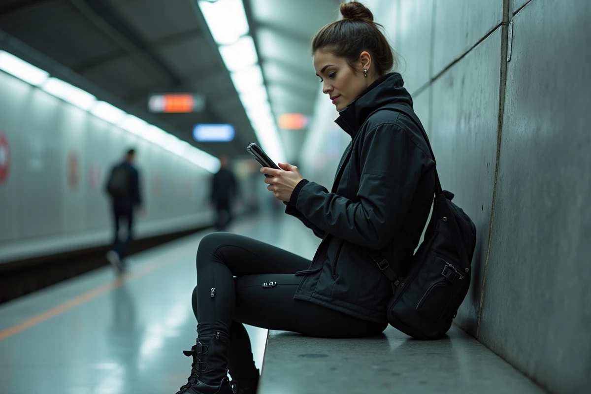 Femme en techwear assise dans une station de métro futuriste