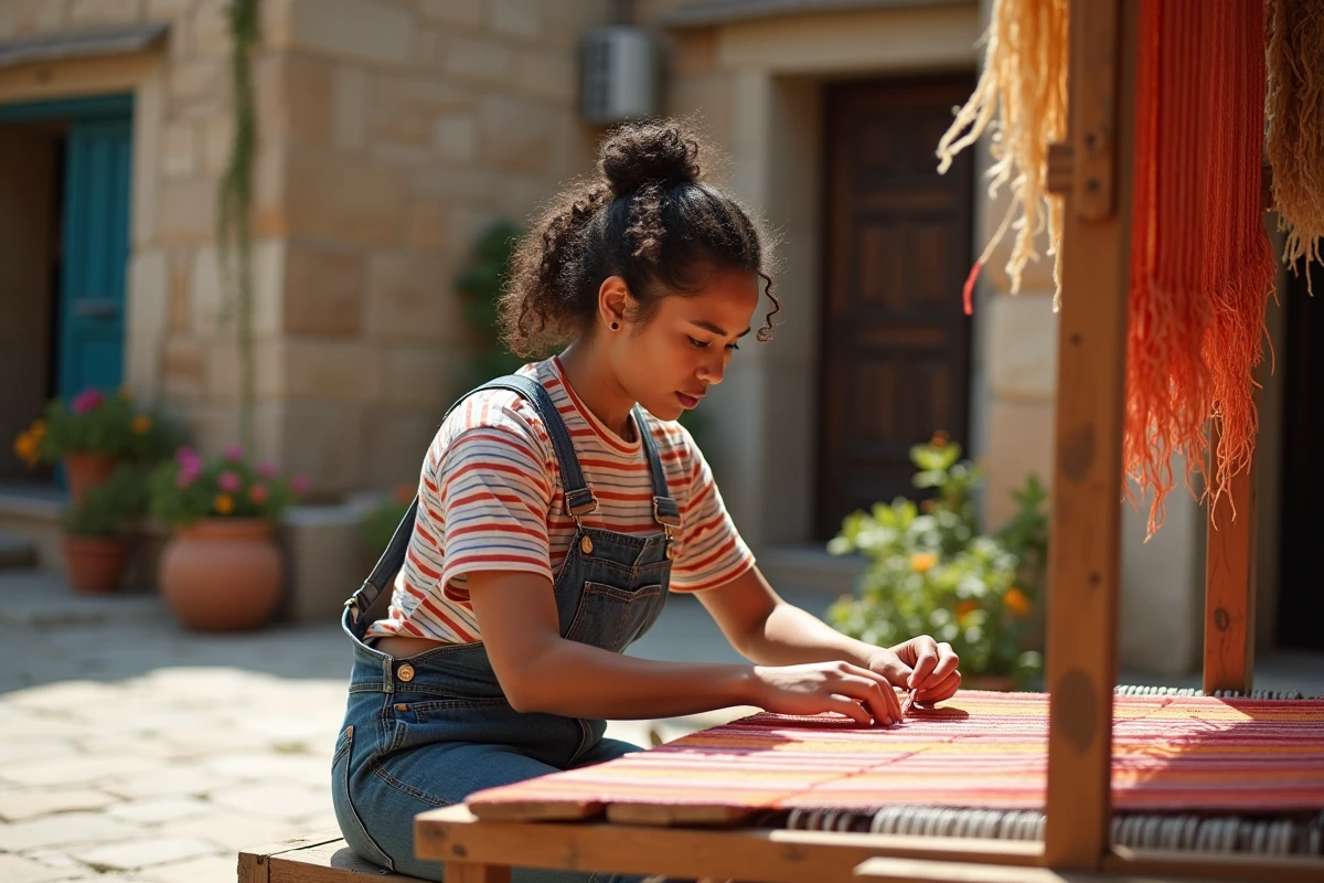 Jeune femme tissant un textile coloré en plein air