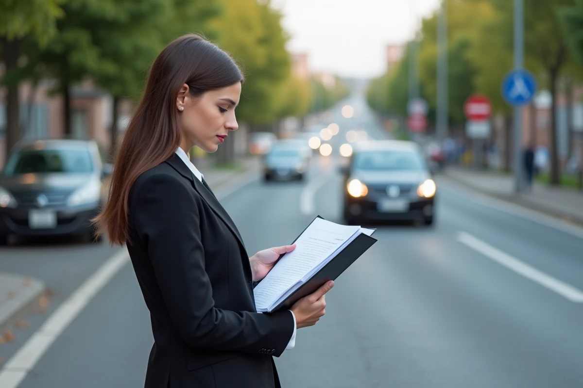Jeune femme avec dossier sur le trottoir en ville