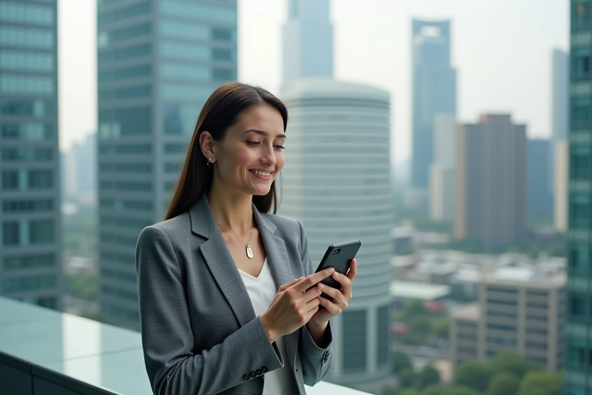 Femme professionnelle en visioconference sur un balcon urbain
