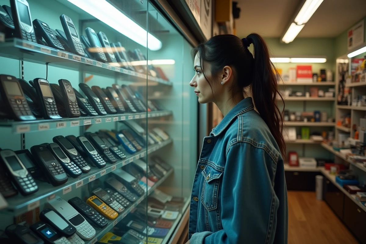 Femme parcourant une vitrine de Nokia anciens modèles dans une boutique de revente d'électronique
