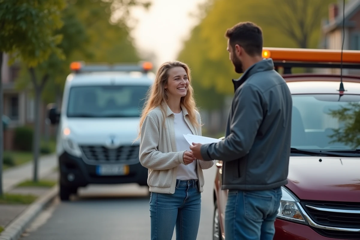 Jeune femme discute avec un chauffeur de dépanneuse