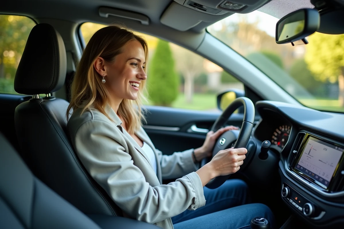 Jeune femme souriante dans une voiture hybride en extérieur résidentiel