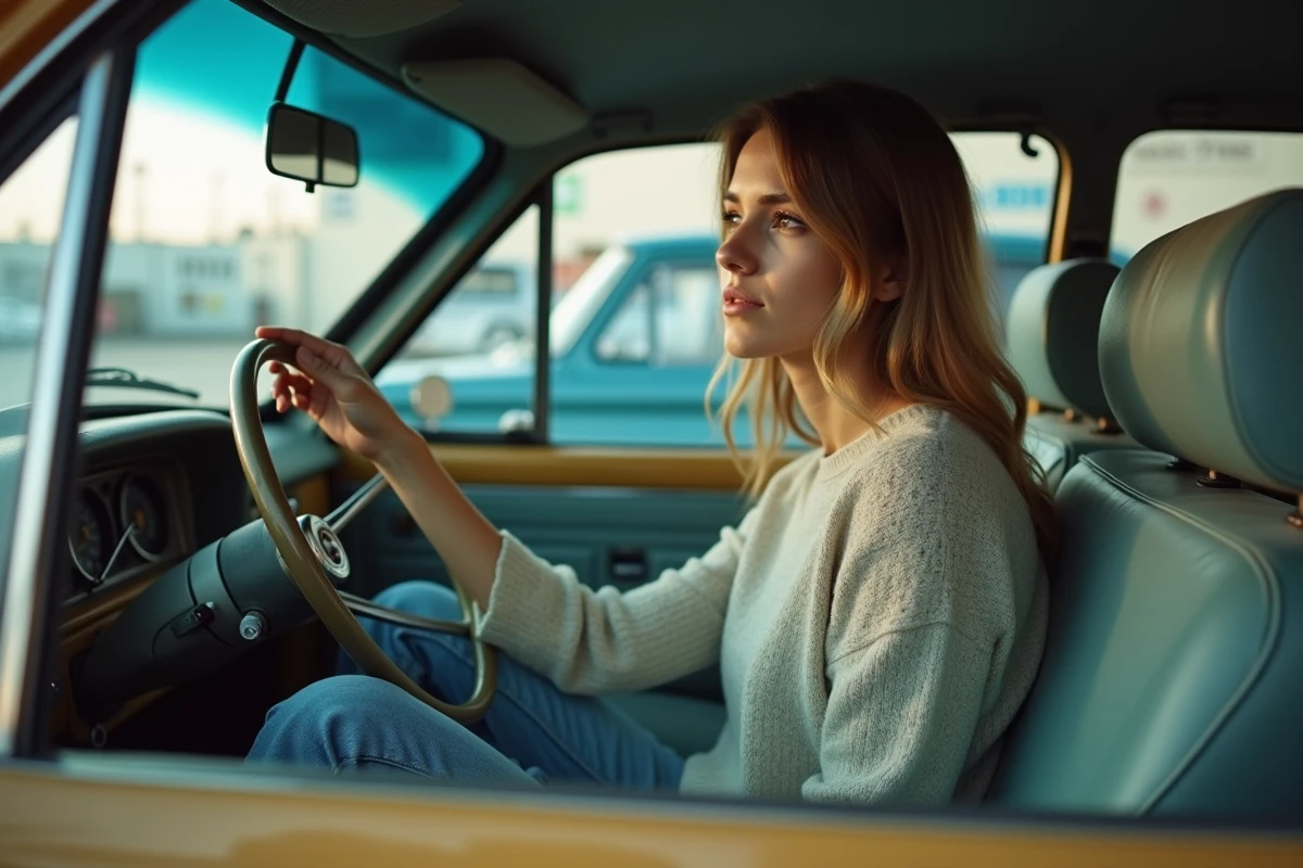 Jeune femme pensant dans une vieille voiture en concession