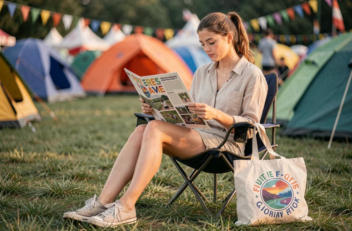 Festivalière consultant le programme du festival des Vieilles Charrues assise dans un camping en plein air