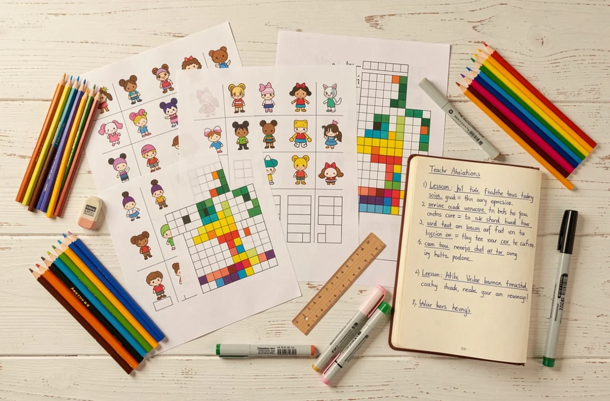 Vue aérienne de fiches pixel art kawaii Disney avec crayons et matériel pédagogique sur une table blanche