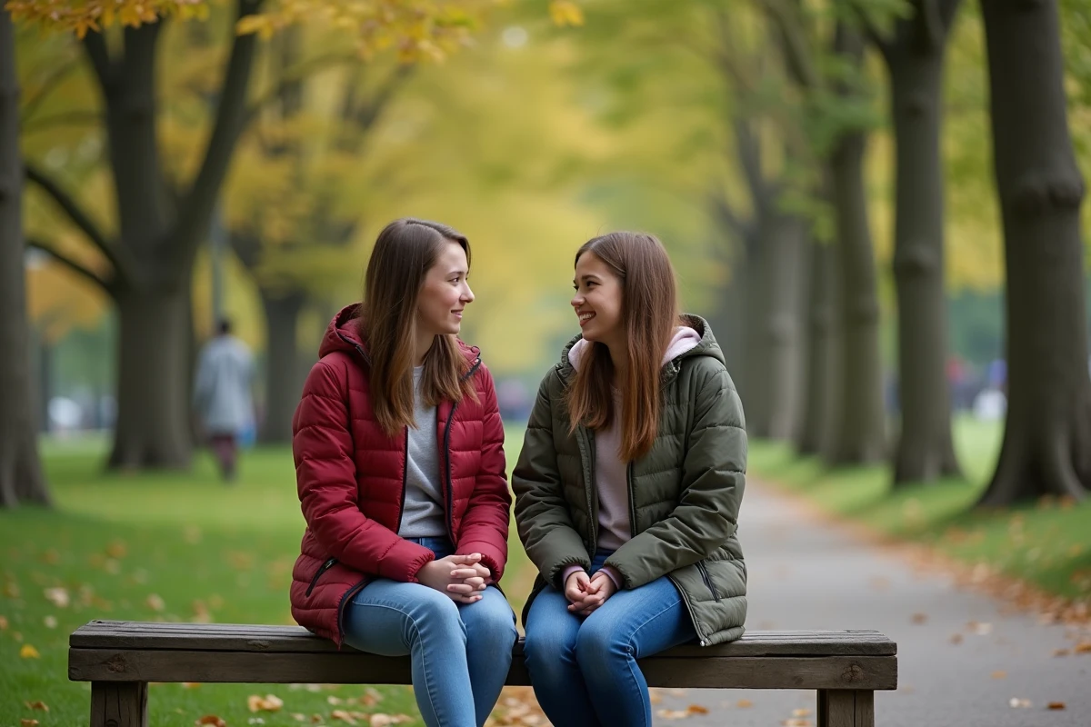 Mère et fille discutant sur un banc dans un parc