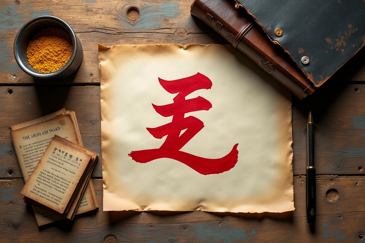 Mise en scène éditoriale avec calligraphie kanji japonaise rouge sur parchemin, sable et manga évoquant l'histoire du personnage Gaara