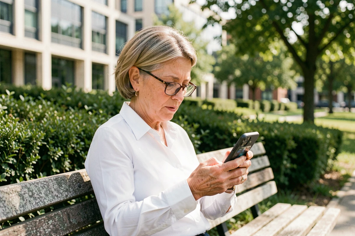 Femme fonctionnaire consultant son espace agent CGOS sur mobile en pause extérieure