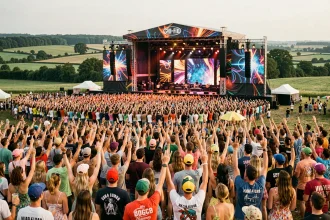 Foule immense au festival des Vieilles Charrues devant la scène principale lors d'une soirée estivale en Bretagne