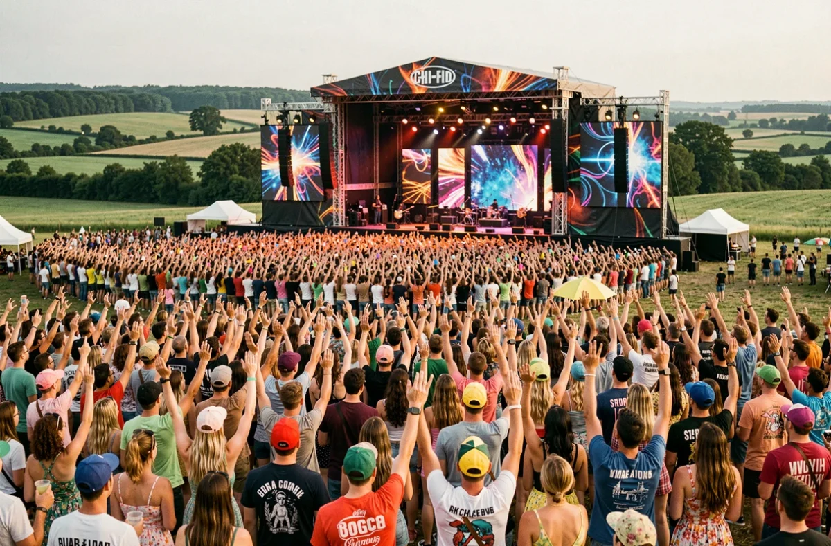 Foule immense au festival des Vieilles Charrues devant la scène principale lors d'une soirée estivale en Bretagne