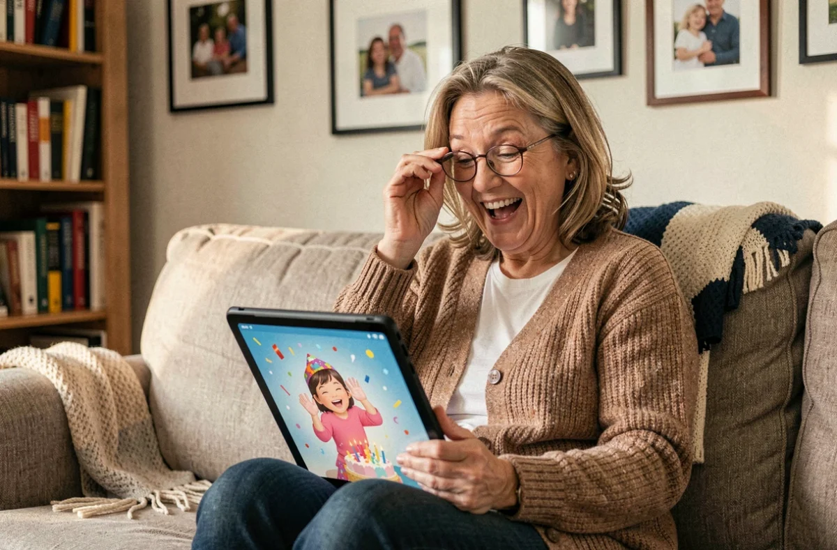 Femme mature assise dans un salon riant de bon cœur devant un GIF animé drôle d'anniversaire affiché sur une tablette