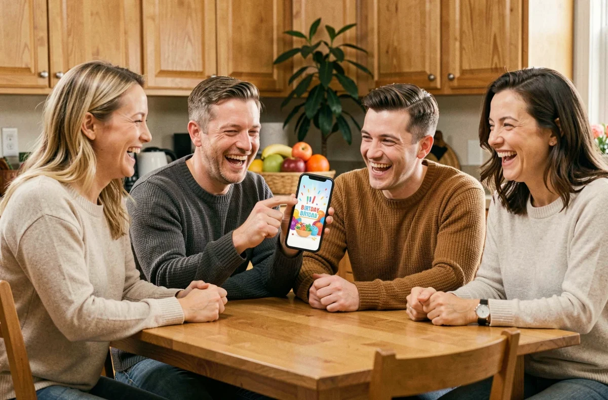 Groupe d'adultes réunis autour d'une table de cuisine qui rient en regardant un GIF animé drôle joyeux anniversaire sur un smartphone