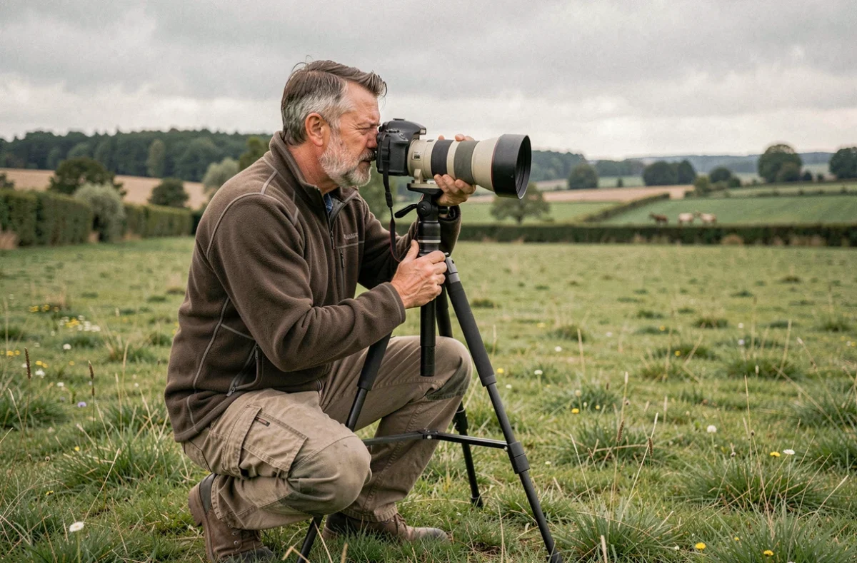 James Grassick photographe de nature accroupi dans un pré mayennais avec un téléobjectif sur trépied face à la forêt