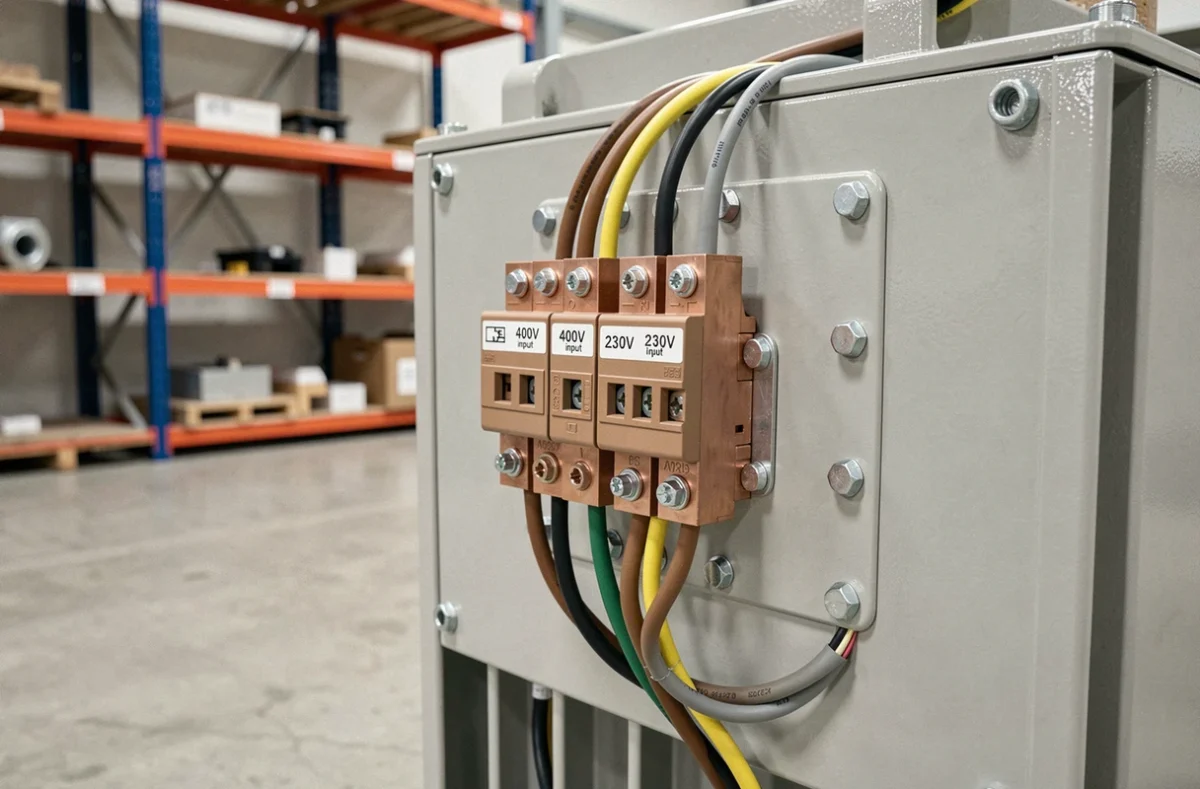 Gros plan sur les bornes d'un transformateur triphasé monophasé avec câblage 400V entrée et 230V sortie