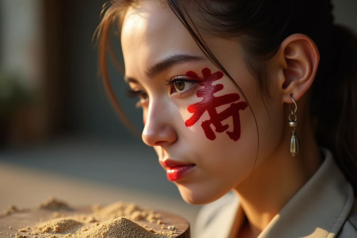 Gros plan sur le symbole kanji rouge représentant l'amour peint sur la peau, référence au personnage Gaara de Naruto