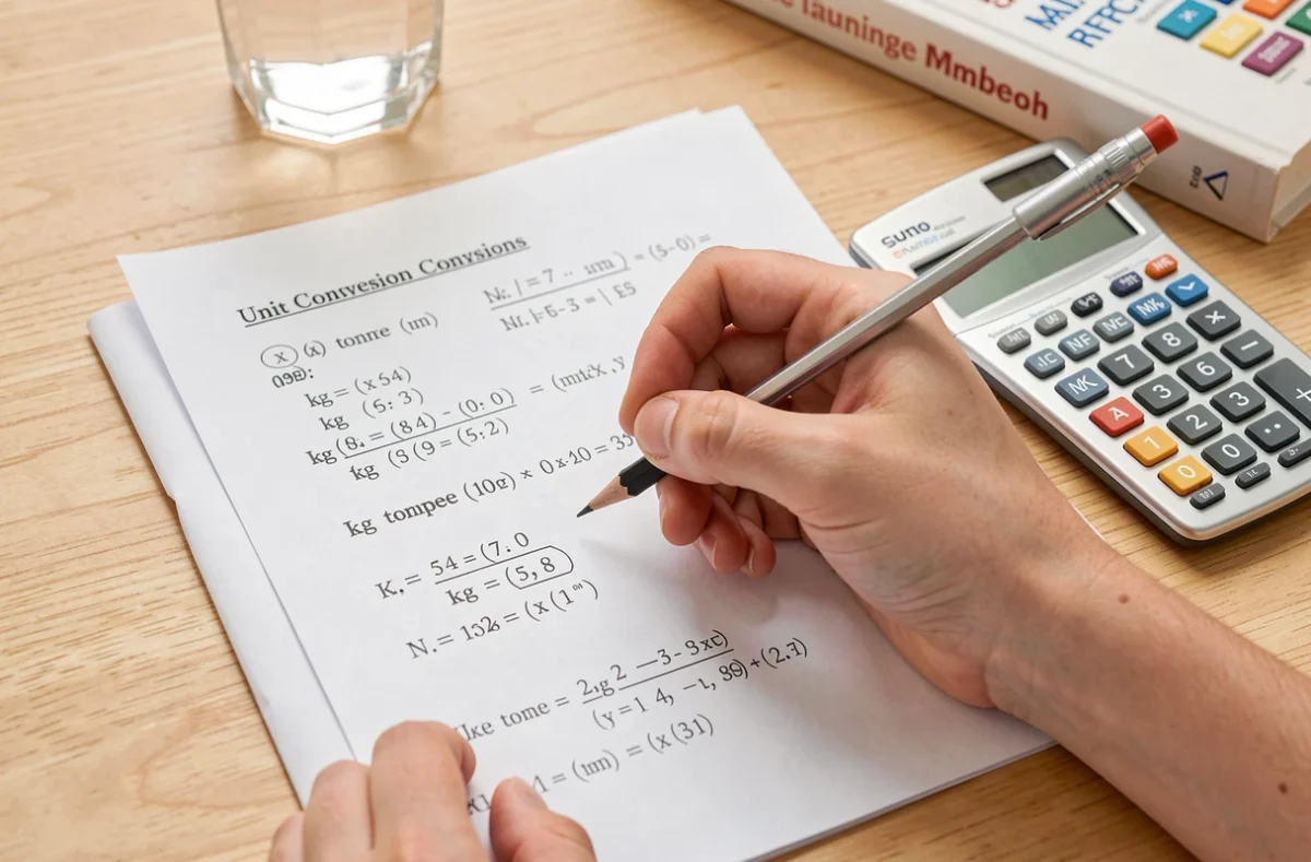 Gros plan de mains d'élève résolvant des exercices de conversion kilogramme en tonne sur une feuille de mathématiques avec une calculatrice