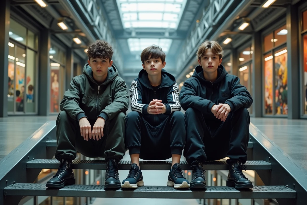 Groupe dados en techwear divers assis sur des escaliers