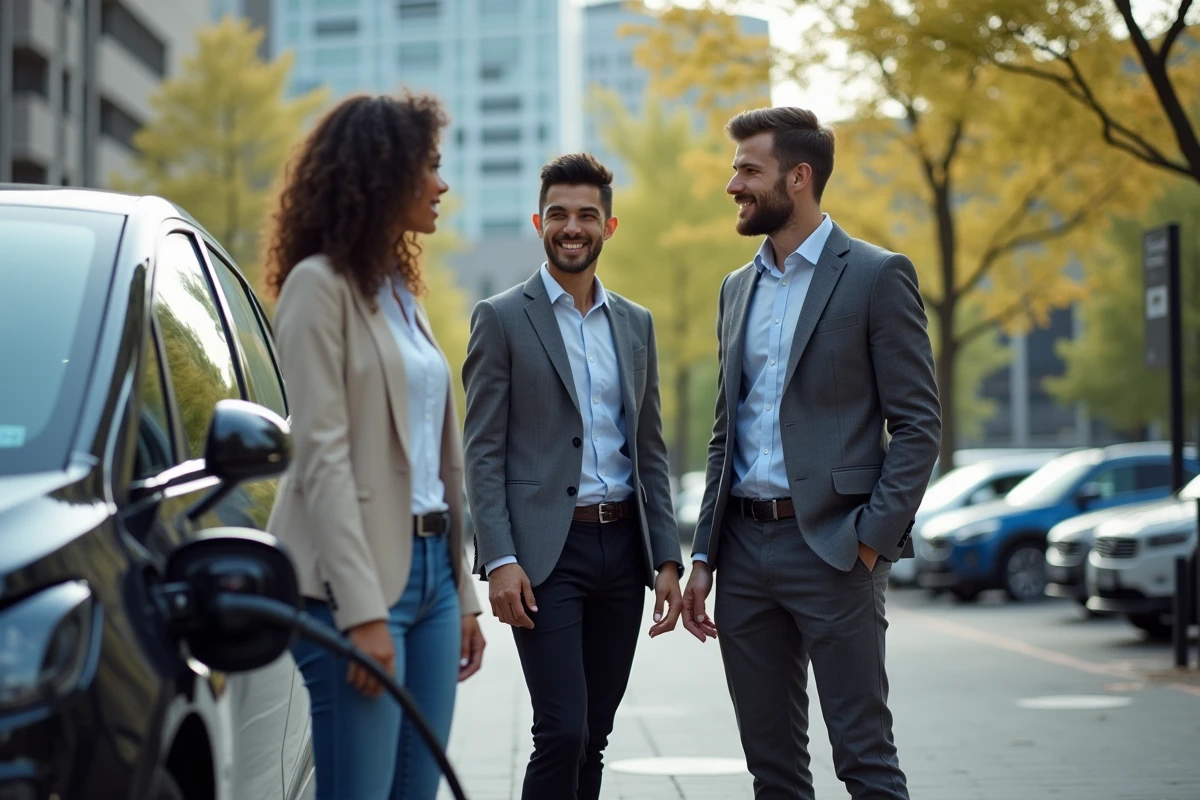 Groupe de jeunes adultes chargeant une voiture électrique en ville