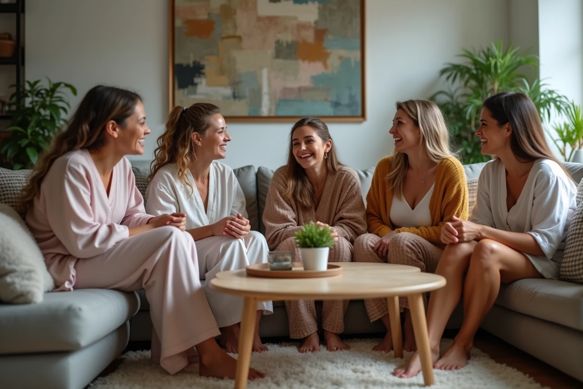 Groupe de femmes discutant joyeusement dans un salon chaleureux