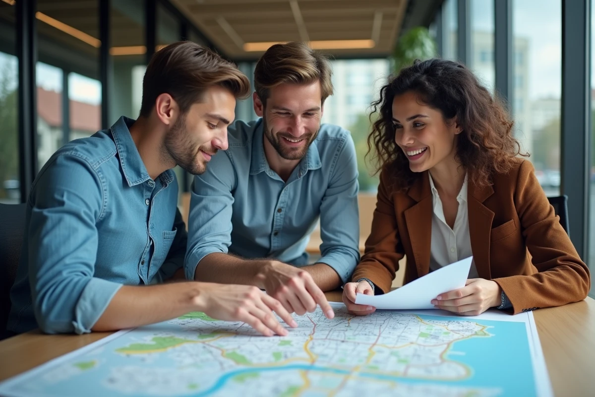 Groupe de jeunes professionnels discute autour d une carte de mobilité