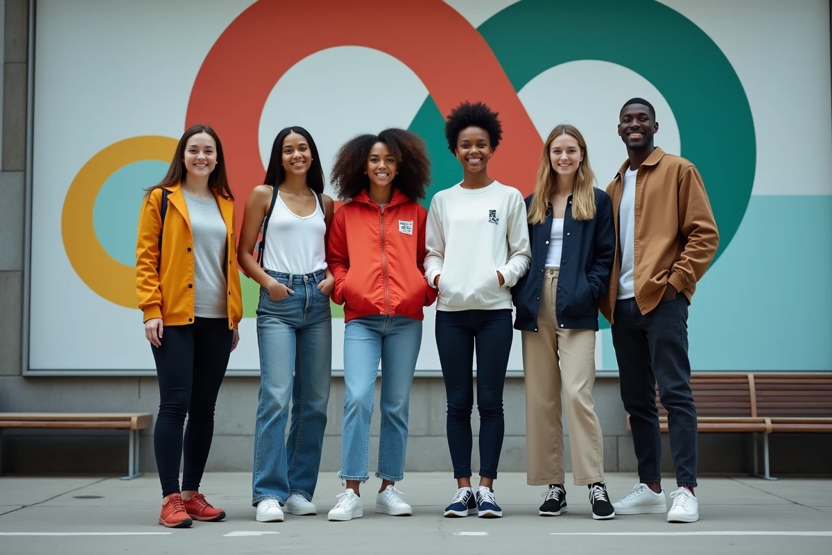Groupe divers de jeunes devant une fresque urbaine
