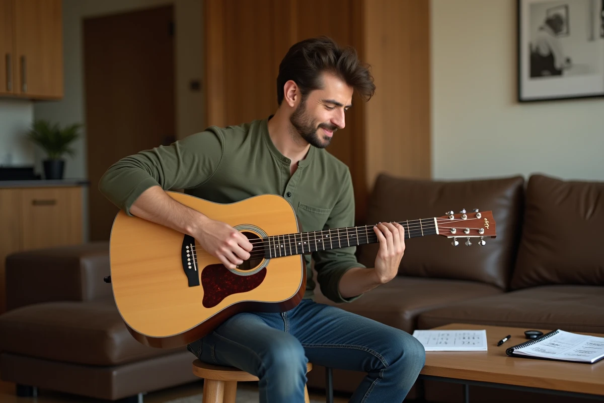 Jeune guitariste débutant appuyant un accord B7 sur une guitare acoustique dans un salon chaleureux